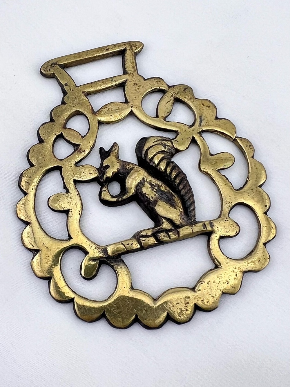 Brass Horse Medallion Antique English Squirrel Eat Nut Ornate Parade Harness
